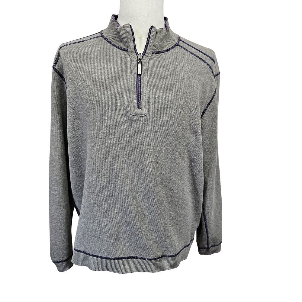 Tommy Bahama Sweater Mens Large Purple Gray 1/4 Zip Reversible Mock Neck Knit - Picture 2 of 14